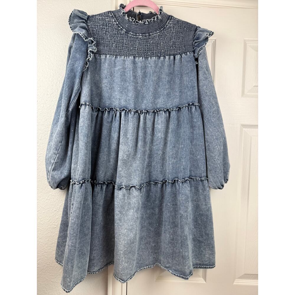 ODDI Acid Wash Denim Tiered Babydoll Dress Smocked Ruffle Size M